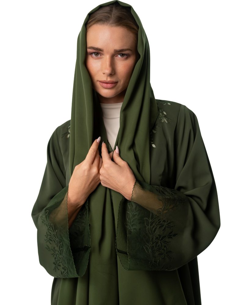 Olive green abaya with embroidered sleeves, catalogue shot on white