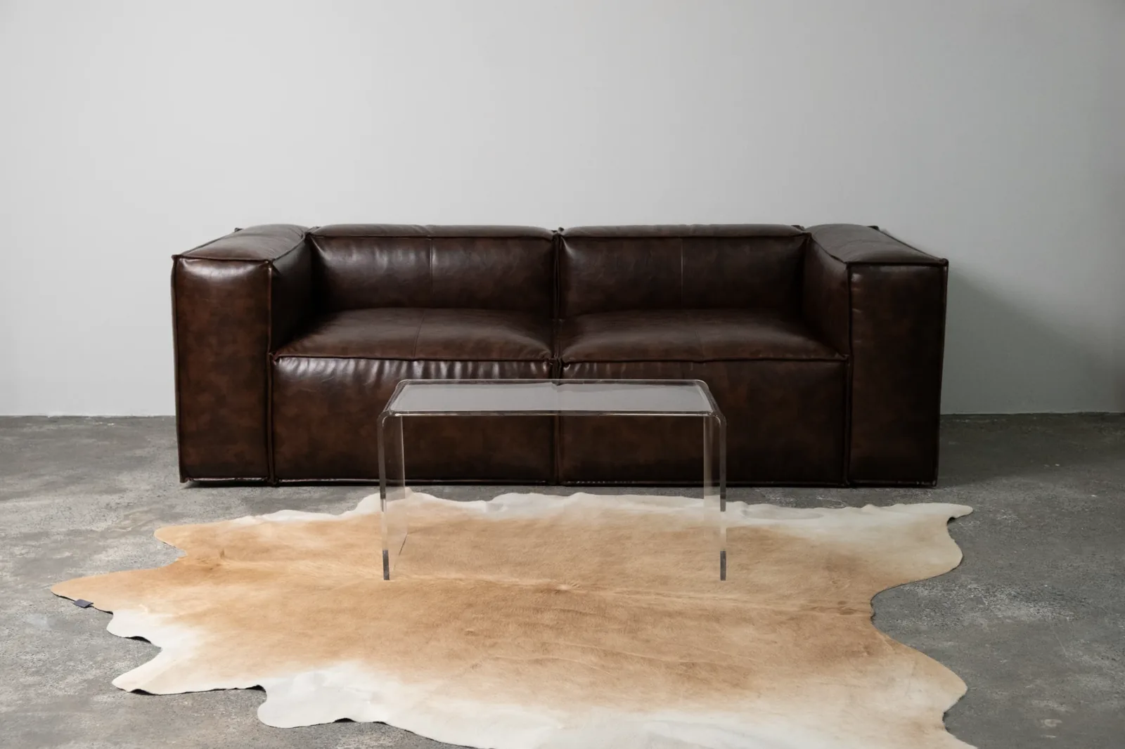 Leather sofa, glass table and a cowhide rug in the studio